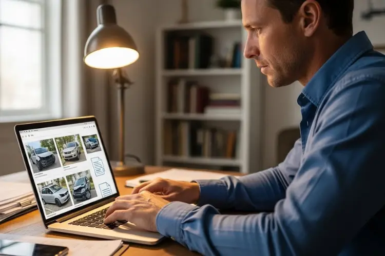 a person sitting at a desk typing on a laptop, uploading accident photos and documents.